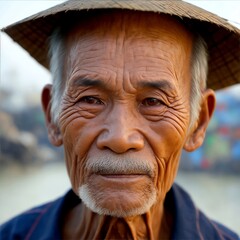 A close-up of an Asia old man's face, illuminated by the light of a fire, with a backdrop of a dirty river and a shanty town.
