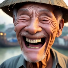A close-up of an Asia old man's laughing face, illuminated by the light of a fire, with a backdrop of a dirty river and a shanty town.