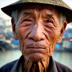 A close-up of an Asia old man's sad face, illuminated by the light of a fire, with a backdrop of a dirty river and a shanty town.