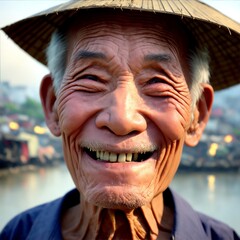 A close-up of an Asia old man's smiling face, illuminated by the light of a fire, with a backdrop of a dirty river and a shanty town