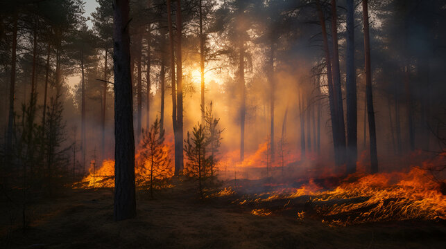 Ground fire in the forest burning coniferous forest, burning taiga in Siberia, ecology problem and earth protection, earth protection day, AI generated illustration