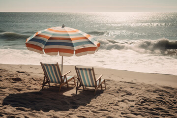 Summer, sun, waves, and cozy beach chairs under umbrella Generative AI