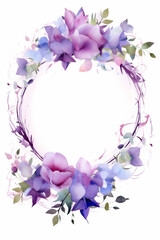 Fototapeta na wymiar round watercolor frame with purple flowers with copy space on white background, ai generated