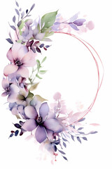 round watercolor frame with purple flowers with copy space on white background, ai generated