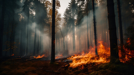 forest fire burning coniferous forest, ecology and earth protection problem, earth protection day, AI generated illustration