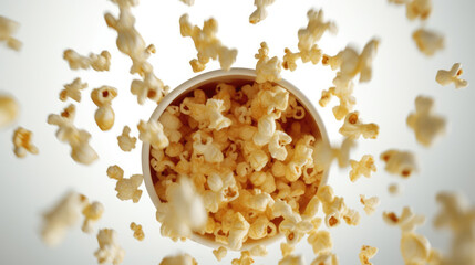 A bucket of popcorn seen from above on a white background