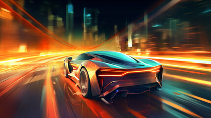 Fototapeta premium Futuristic Sports Car On Neon Highway wallpaper. Powerful acceleration of a supercar on a night track with colorful lights and trails. illustration. Generative Ai