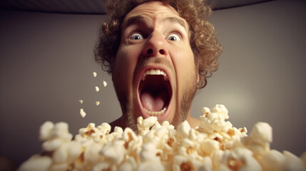 A man is shocked by a bucket of popcorn. - obrazy, fototapety, plakaty