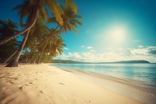 Sunny tropical beach with palm trees Generative AI © Muhammad Shoaib