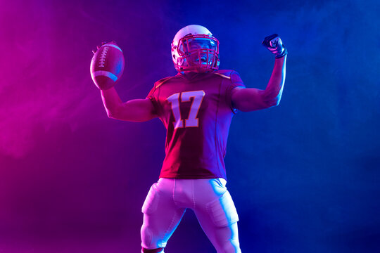 American football player banner in neon colors.