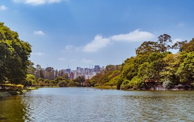Ibirapuera Park, in the city of São Paulo, Brazil. Natural landscape with lake. City skyscrapers in the background on a sunny day with blue sky.
