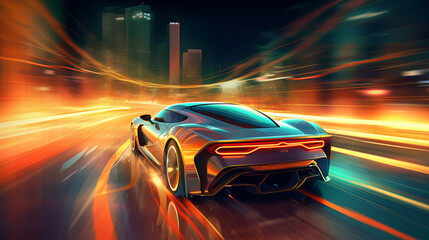 Fototapeta na wymiar Futuristic Sports Car On Neon Highway wallpaper. Powerful acceleration of a supercar on a night track with colorful lights and trails. illustration. Generative Ai