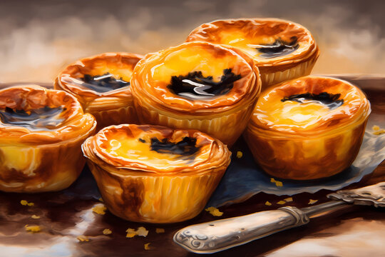 Pastel de Nata - Originating in Portugal, pastel de nata is a custard tart with a flaky pastry crust, filled with a creamy egg custard and sprinkled with cinnamon (Generative AI)