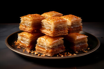 Baklava - Originally from the Middle East, Baklava is a sweet pastry made of layers of filo pastry filled with nuts and honey syrup (Generative AI)
