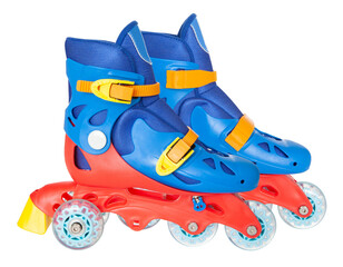 Blue, red and yellow adjustable roller skates with 4 wheels and a stopper for kids’ outdoor /...