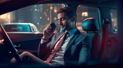 Generative Ai. businessman sitting in car talking on phone
