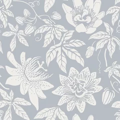 Fototapeten Seamless monochrome pattern with flowers. Wallpaper. Background with sketch climbing flowers. Retro graceful style. Design for textile, wallpaper, web, paper, invitation, cover. Floral backdrop © sunny_lion