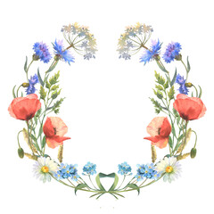 Watercolor illustration, wild flower wreath with red poppies, field herb and chamomile, isolated on white background. Good for cosmetics, medicine, treating, aromatherapy, nursing, package, postcards.