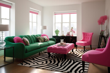 A living room filled with furniture and a zebra print rug. Generative AI. Interior with hot pink and green color accents.