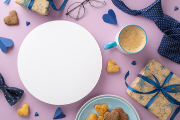 Show Dad love on Father's Day! Capture his heart with top view cookies, a cup of creamy goodness, stylish accessories, glasses, giftbox on lilac background. Customize empty circle with your message