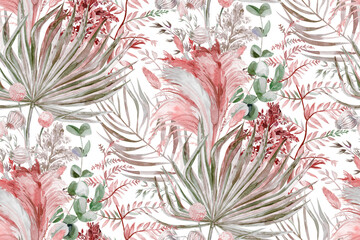 Seamless pattern with herbs and palm leaves and pampas grass for textile 