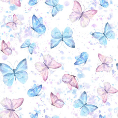 Cute butterflies hand drawn watercolor seamless pattern. Delicate blue and purple color butterflies with watercolor splash, watercolor illustration on white background.