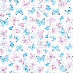Cute butterflies hand drawn watercolor seamless pattern. Delicate blue and purple color butterflies with watercolor splash, watercolor illustration on white background.