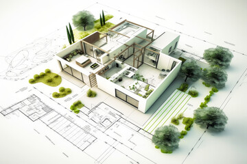 Captivating eco-friendly modern house plan with vibrant green plant in foreground, highlighting sustainable design in crisp white and green hues under warm natural light. Generative AI