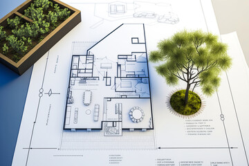 Eco-friendly modern house plan illustration displays detailed design in green & white, featuring lively plants for sustainability and minimal carbon impact. Generative AI