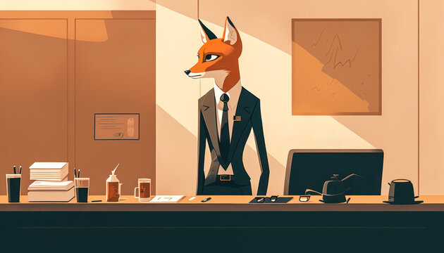Captivating renard in business attire conveys intelligence and efficiency at a sleek, minimalist office with natural light. Emotion-stirring adaptability for modern workspace. Generative AI
