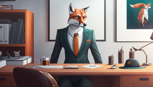 Captivating image of a realistic, sharply-drawn fox in business attire working at a sleek modern desk, exuding intelligence and professionalism with neutral yet striking colors. Generative AI