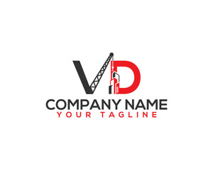 letters VD with crane and real estate Construction Logo. Contractor and construction work Creative vector illustration.