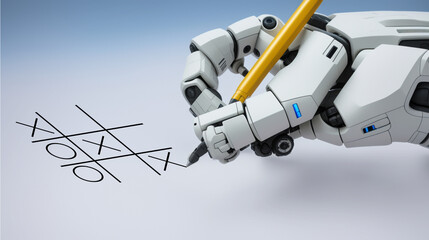 robotic hand playing and writing tic tac toe on white sheet of paper as artificial intelligence concept, generative AI