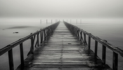 Fototapeta premium Tranquil jetty, vanishing point, mysterious solitude, wet plank generated by AI