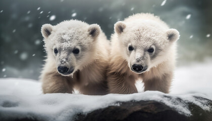 Fototapeta premium Cute arctic bear cub playing in snow generated by AI