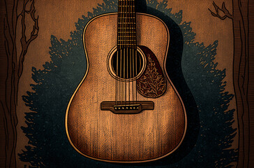 Fototapeta premium Captivating image of a solitary acoustic guitar on a textured, softly-lit background; showcasing intricate craftsmanship and evoking powerful emotions through its warm, earthy colors. Generative AI