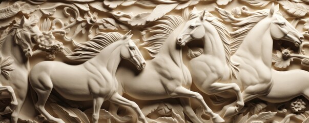  a Nature Horizontal background, running horses, carved and engraved in ivory. Liquid flow texture. Fluid art Nature-themed, photorealistic illustrations in JPG. Generative AI