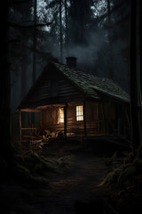 Fototapeta na wymiar Woodhouse in the woods at night Generative AI