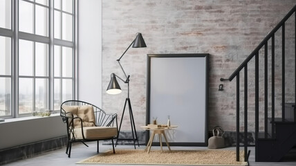Mockup poster frame in living room loft in industrial style. Generative Ai