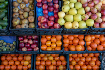 Organic fruit on display, stand with vegetables and fruits in front of the store, Lisbon, Portugal