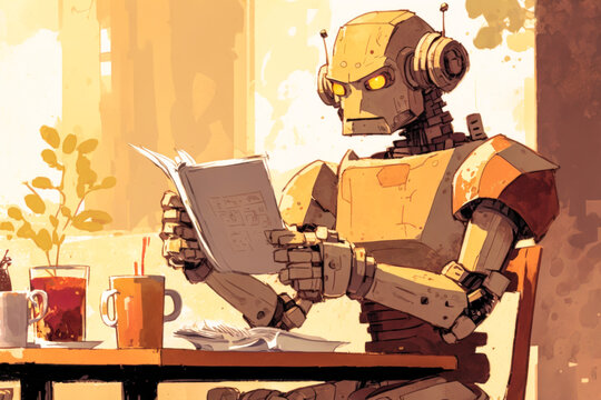 Captivating image of a humanoid robot at a café table, sipping coffee and browsing digital news on a tablet, exuding warmth, relatability, and modern technology integration. Generative AI
