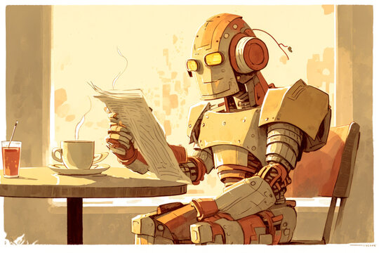 Captivating image of a humanoid robot enjoying coffee and browsing digital news at a cafe, evoking warm emotions with its natural gestures & cozy color palette. Generative AI