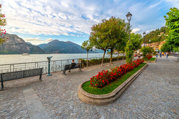 View from the lakefront Lungolago promenade and park along the shores of Lake Como, at the Italian town of Bellagio, Italy, in the Northern Lombardy region. © Kirk Fisher