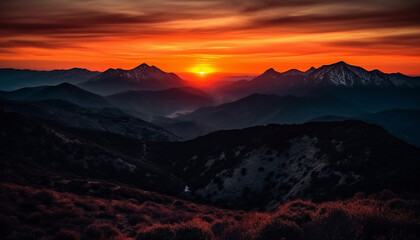 Obraz premium Majestic mountain range back lit by sunset generated by AI