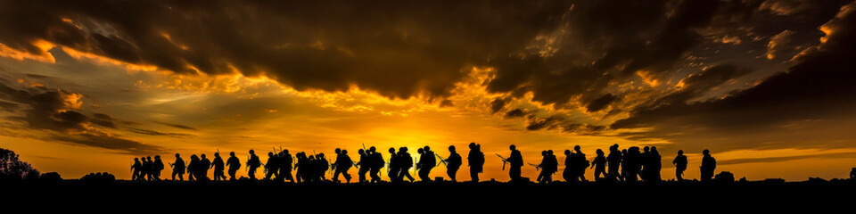 Fototapeta na wymiar Panoramic image of soldiers silhouetted, marching in arid landscape with warm hues from a dramatic sunset, evoking powerful emotions for military-themed marketing and storytelling. Generative AI