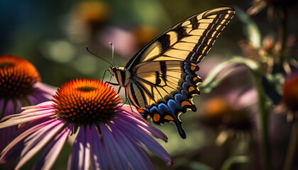Vibrant butterfly pollinates single flower in summer generated by AI