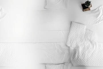 Modern bed with cozy mattress and blanket in top view against white background. Generative AI