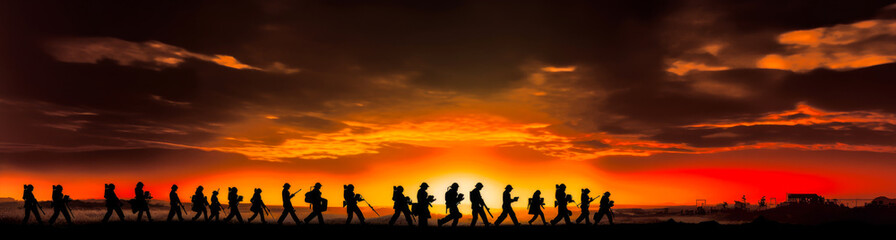 Fototapeta na wymiar Panoramic image shows silhouetted soldiers in arid landscape with striking sunset, conveying resolve and camaraderie, perfect for military marketing or documentaries. Generative AI