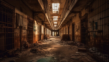Fototapeta na wymiar Abandoned spooky warehouse, rusty metal, broken windows, horror generated by AI