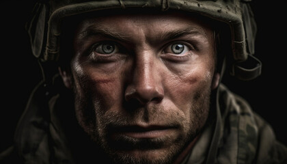 Obraz premium Confident army veteran in camouflage stares ahead generated by AI